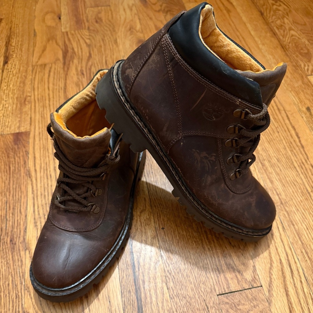 Vintage Timberland Euro Hiker Boots Brown Leather Gorpcore Rugged Outdoor Mens